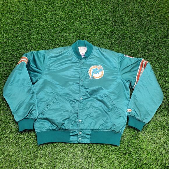 Vintage 90s Miami Dolphins Varsity Jacket Large 24x25 Cropped Baggy Satin - Picture 1 of 14